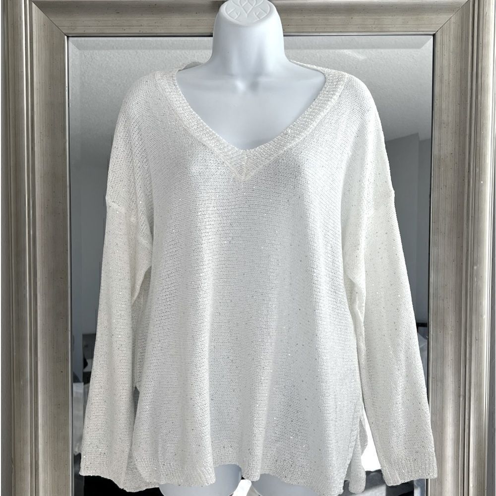 SIONI White V- Neck Knit Sweater Long Sleeve Size L.